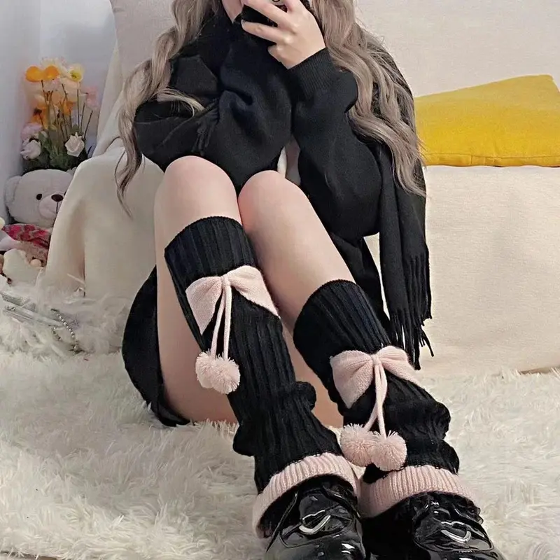 Harajuku Y2k Girls Cute Bow Plush Ball Leg Warmers Socks Japanese Lolita Kawaii Sweet JK Pink Ruffles Knitted Warm Leg Cover