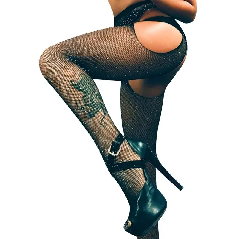 Large Size Hollow Out Mesh Stockings Women Crystal Crotchless Pantyhose Sexy Lingerie Shiny Sexy Tights Thigh High Stockings
