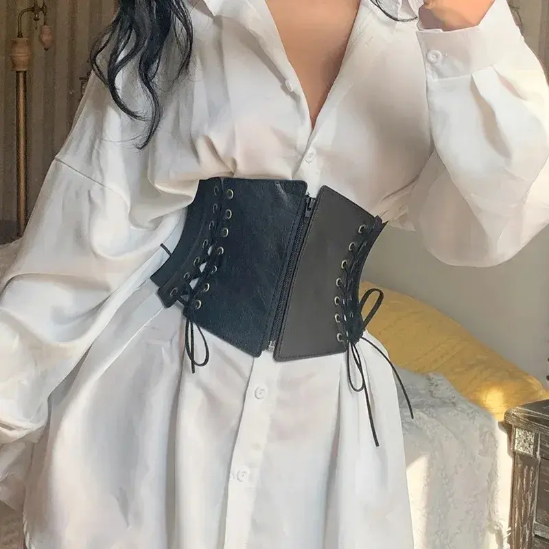 Fashion Punk Corset Wide Belts Women Slimming Body Elastic Bustier Waistband PU Leather Hip Hop Gothic Dress Girdle Belt Straps
