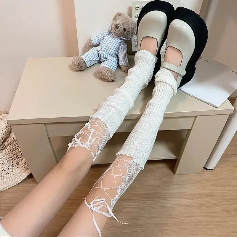 Lolita Cosplay Girls Bowknot Leg Warmers Hollow Out Pantyhose Sexy Ins Tide Lace Tights Anime Socks Black White Fishnet Stocking