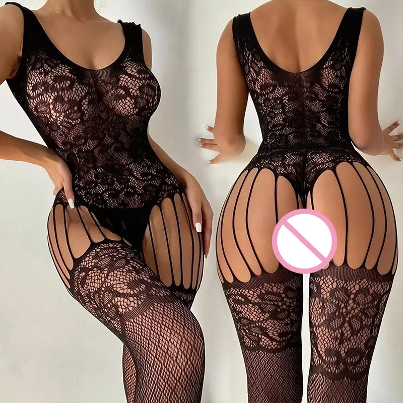 Teddy Crotchless Tights Erotic Lingerie Women Black Full Body Stockings High Fishnet Sexy Pantyhose Floral Mesh Hollow Tights