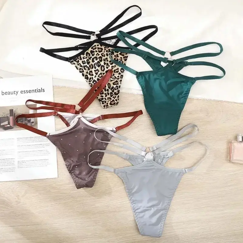 Thin Belt Leopard Panties Solid Color G String Ice Silk Thong Lady Lingerie Sexy Briefs