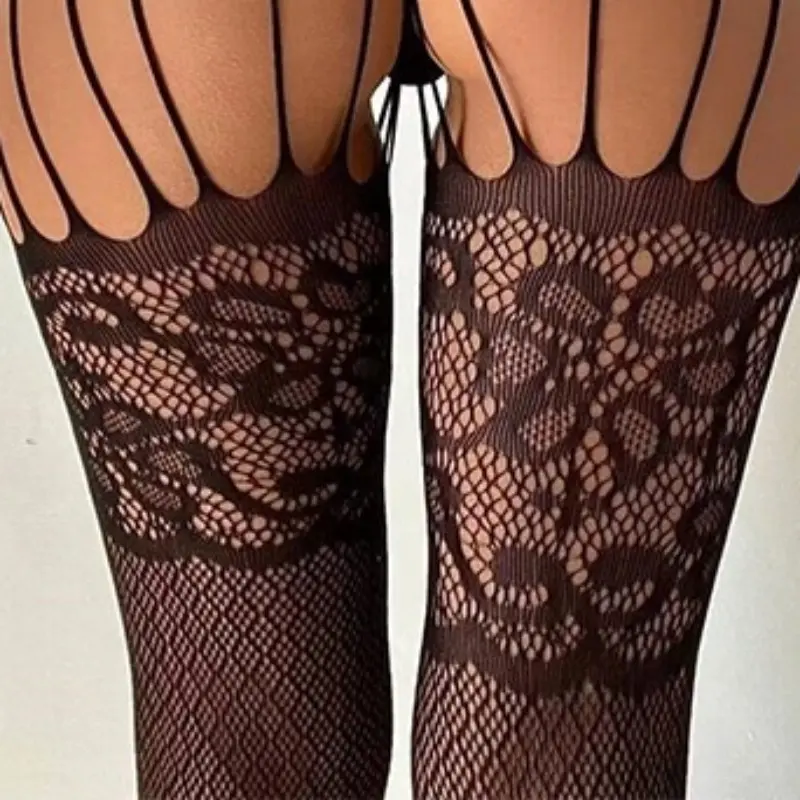 Teddy Crotchless Tights Erotic Lingerie Women Black Full Body Stockings High Fishnet Sexy Pantyhose Floral Mesh Hollow Tights