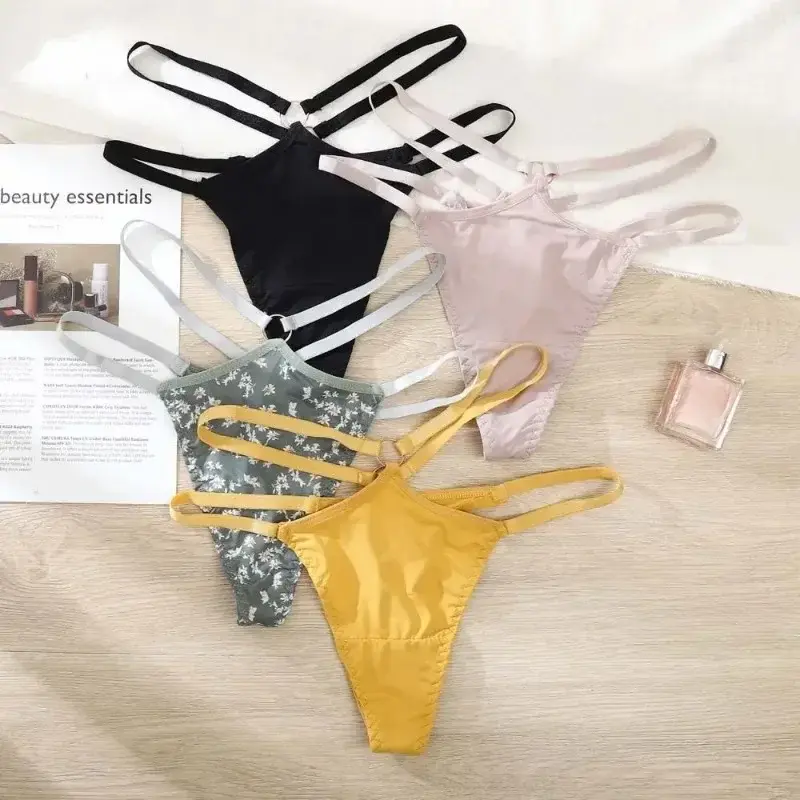Thin Belt Leopard Panties Solid Color G String Ice Silk Thong Lady Lingerie Sexy Briefs