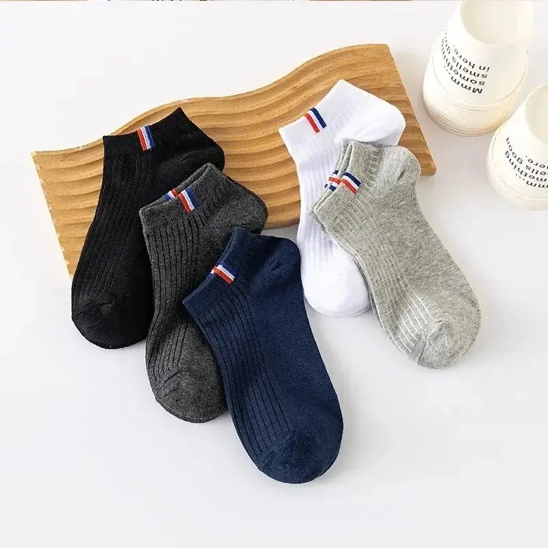 5 Pairs of Thin Summer Cotton Boat Socks Plain Color Men Casual Breathable Sweat Absorbing Calibration Socks