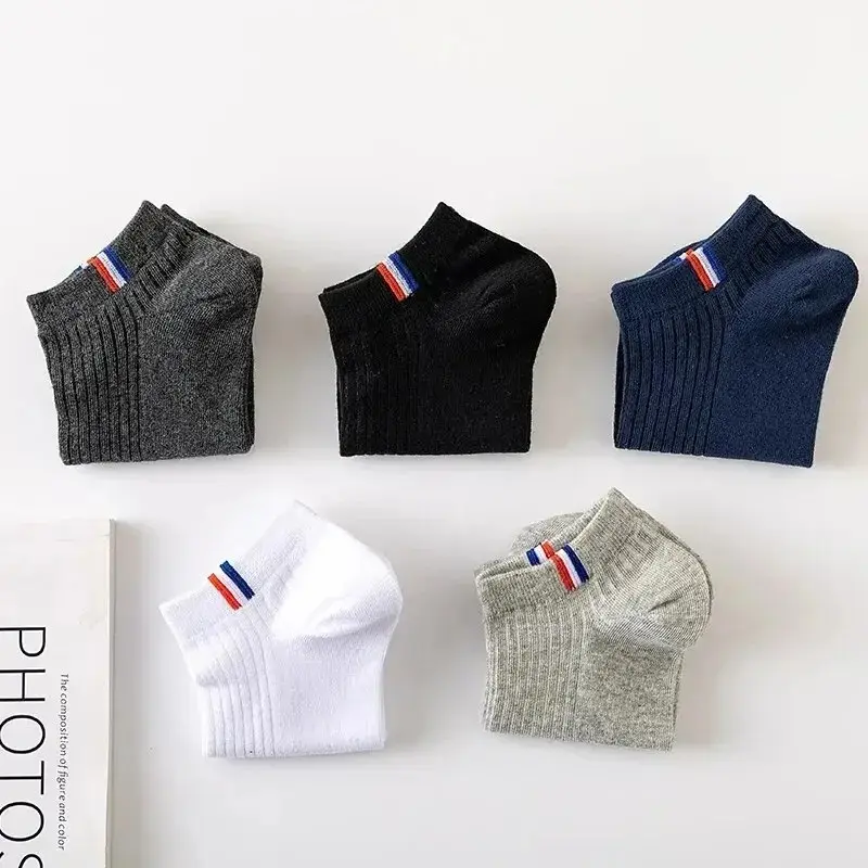 5 Pairs of Thin Summer Cotton Boat Socks Plain Color Men Casual Breathable Sweat Absorbing Calibration Socks