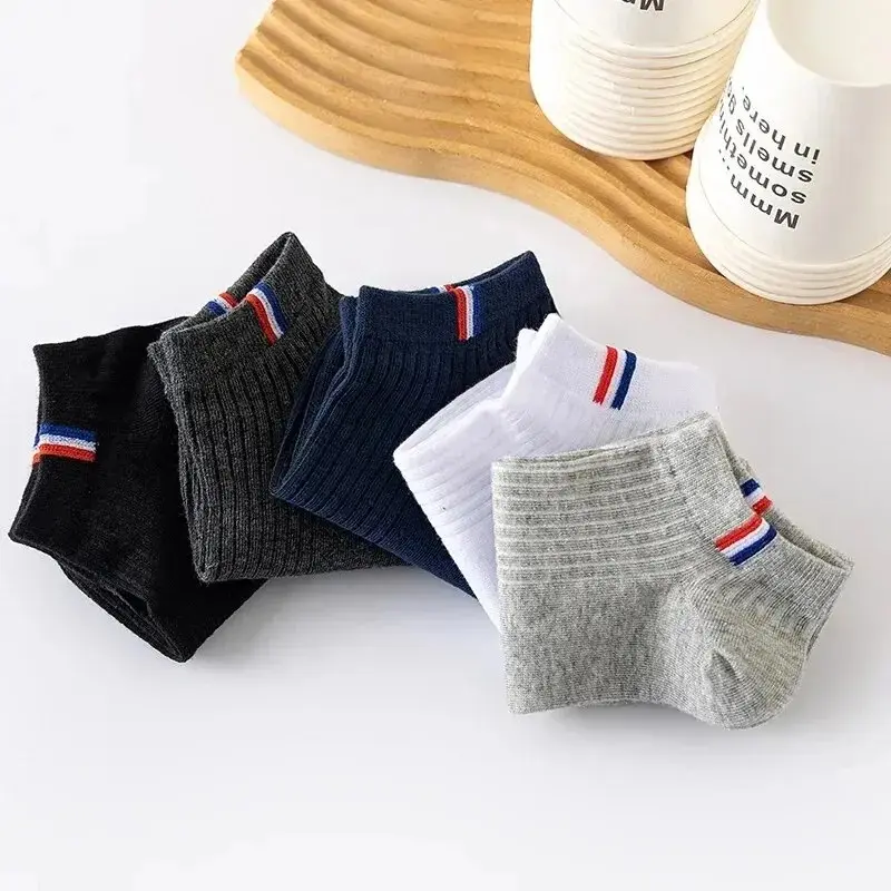 5 Pairs of Thin Summer Cotton Boat Socks Plain Color Men Casual Breathable Sweat Absorbing Calibration Socks