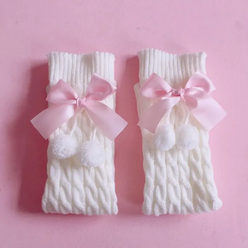 Japanese Preppy Style Women Girls Leg Warmers Sweet Bow Plush Ball Boot Cuffs Foot Cover Lolita Chunky Twist Cable Knitted Knee