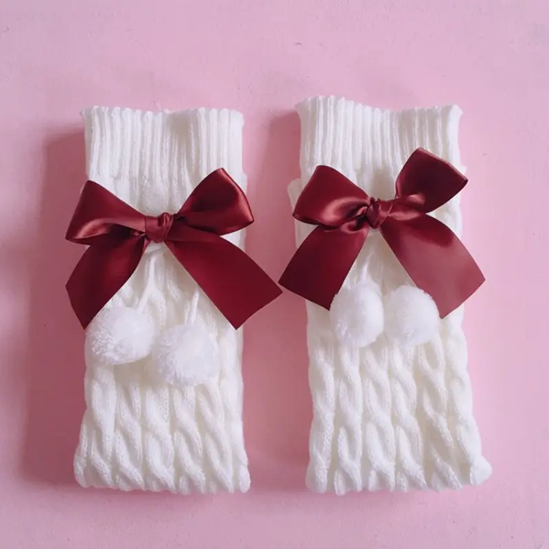 Japanese Preppy Style Women Girls Leg Warmers Sweet Bow Plush Ball Boot Cuffs Foot Cover Lolita Chunky Twist Cable Knitted Knee