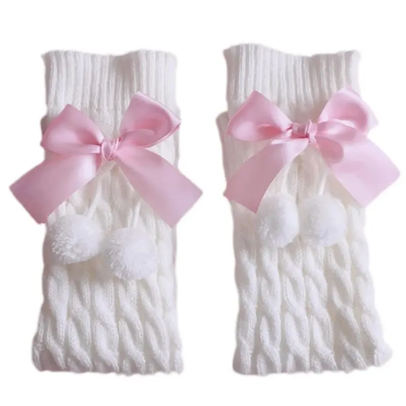 Japanese Preppy Style Women Girls Leg Warmers Sweet Bow Plush Ball Boot Cuffs Foot Cover Lolita Chunky Twist Cable Knitted Knee