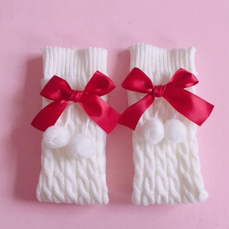 Japanese Preppy Style Women Girls Leg Warmers Sweet Bow Plush Ball Boot Cuffs Foot Cover Lolita Chunky Twist Cable Knitted Knee