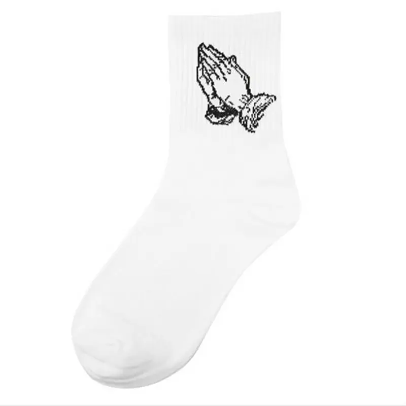 Fashion Skate Cotton Crew Socks of Virgin Mary Gesture Pattern for Men Women Hip Hop Funny Novelty  White Black Funky