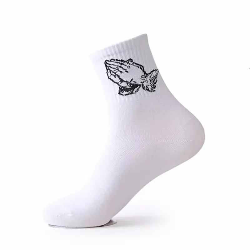 Fashion Skate Cotton Crew Socks of Virgin Mary Gesture Pattern for Men Women Hip Hop Funny Novelty  White Black Funky