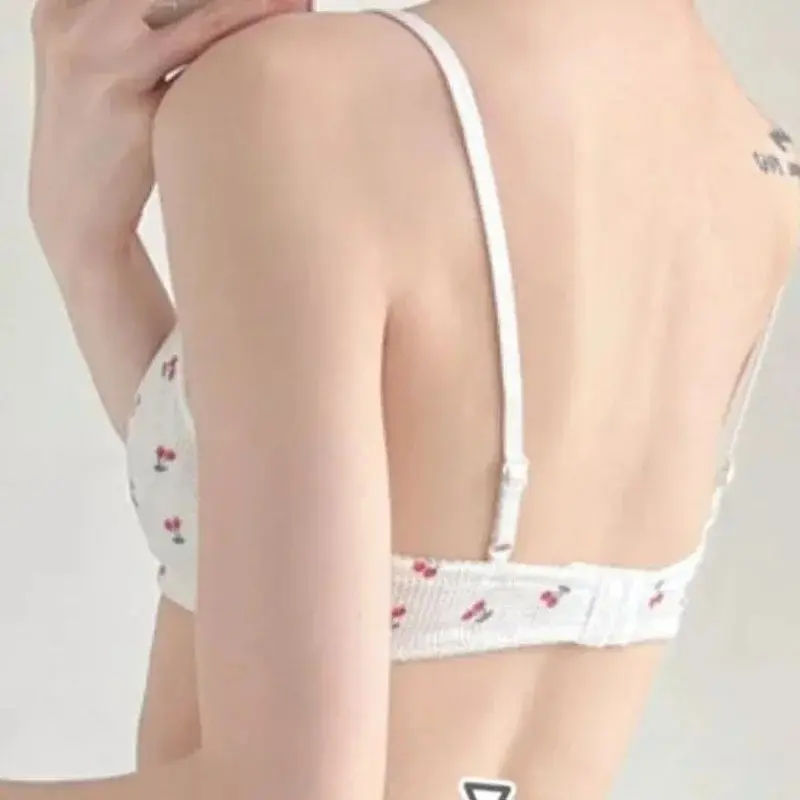 Korean Simple Lace Cherry Print Seamless Girl's Bra Cute Gathered Thin Breathable Bra Wire Free Elastic Comfortable Bra Lingerie