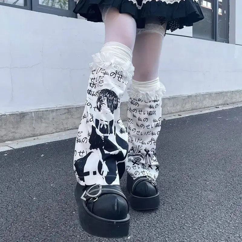 Japanese Gothic Lolita Letter Print Leg Warmer Y2K Women Girl Punk Leg Warmer Stockings Harajuku Ladies Foot Socks Leg Warmers