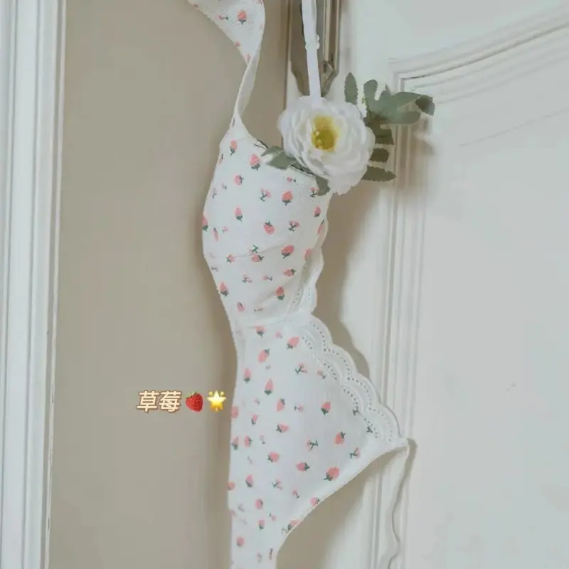Korean Simple Lace Cherry Print Seamless Girl's Bra Cute Gathered Thin Breathable Bra Wire Free Elastic Comfortable Bra Lingerie