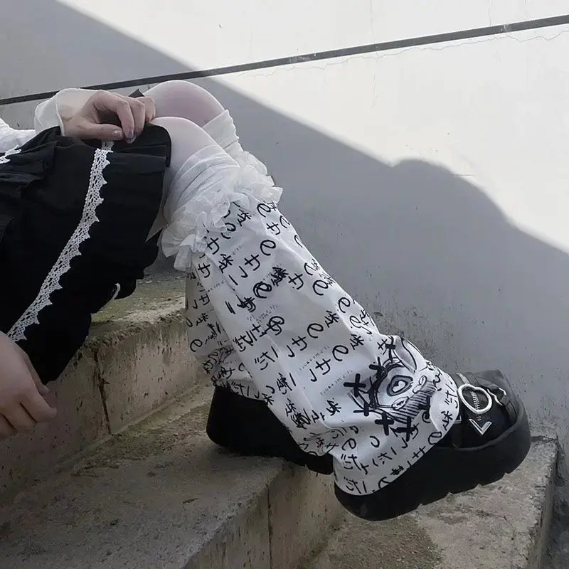 Japanese Gothic Lolita Letter Print Leg Warmer Y2K Women Girl Punk Leg Warmer Stockings Harajuku Ladies Foot Socks Leg Warmers