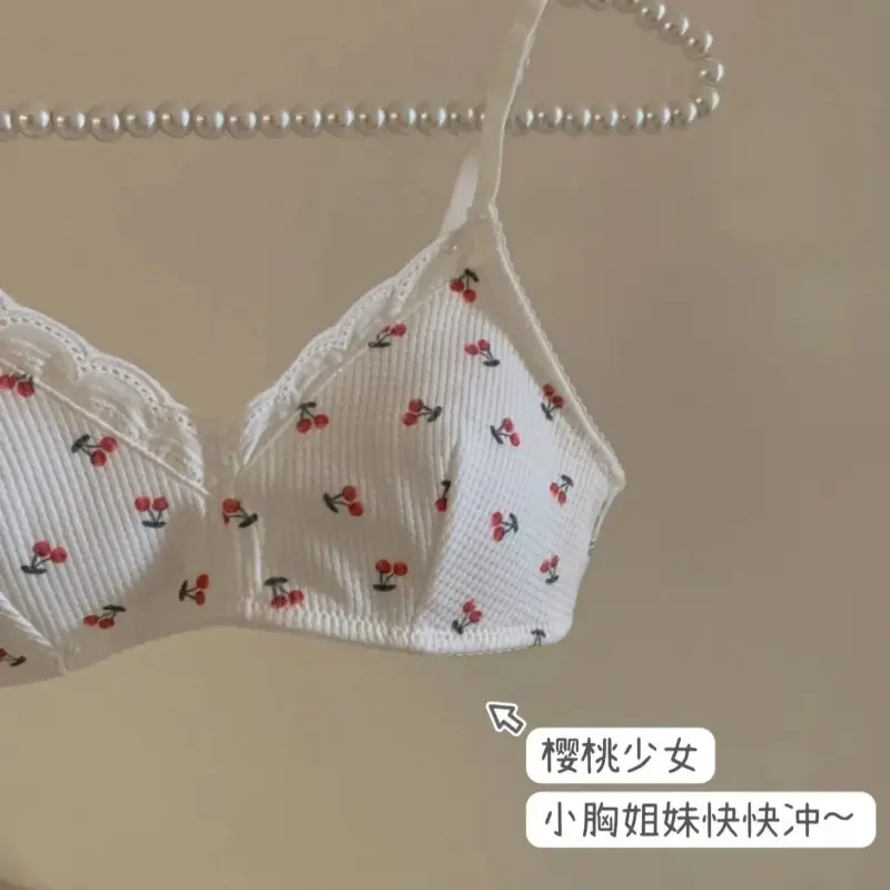 Korean Simple Lace Cherry Print Seamless Girl's Bra Cute Gathered Thin Breathable Bra Wire Free Elastic Comfortable Bra Lingerie