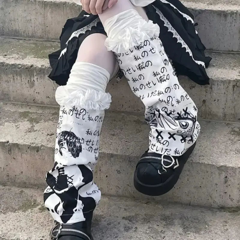 Japanese Gothic Lolita Letter Print Leg Warmer Y2K Women Girl Punk Leg Warmer Stockings Harajuku Ladies Foot Socks Leg Warmers