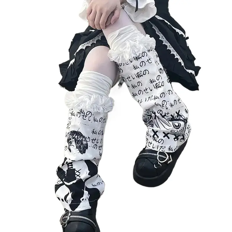 Japanese Gothic Lolita Letter Print Leg Warmer Y2K Women Girl Punk Leg Warmer Stockings Harajuku Ladies Foot Socks Leg Warmers