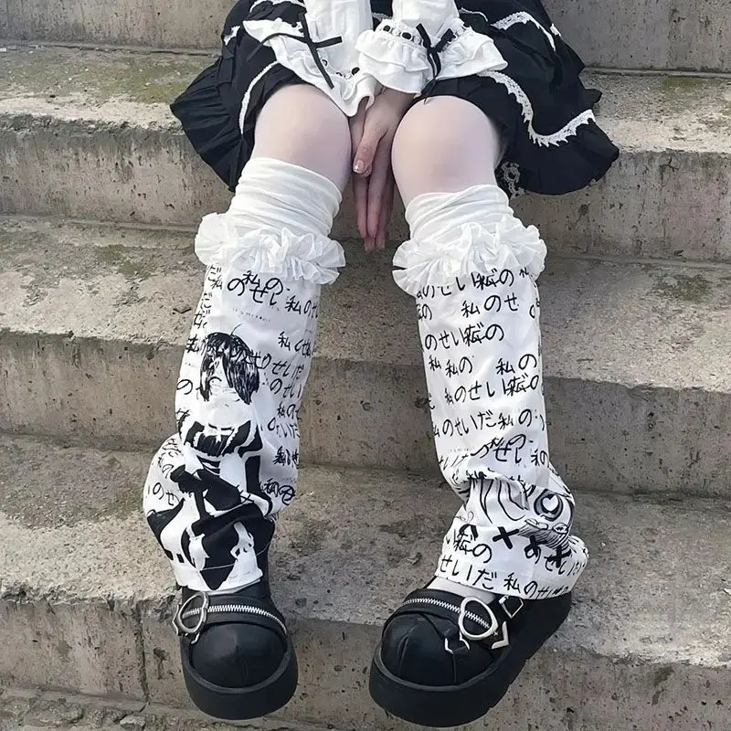 Japanese Gothic Lolita Letter Print Leg Warmer Y2K Women Girl Punk Leg Warmer Stockings Harajuku Ladies Foot Socks Leg Warmers