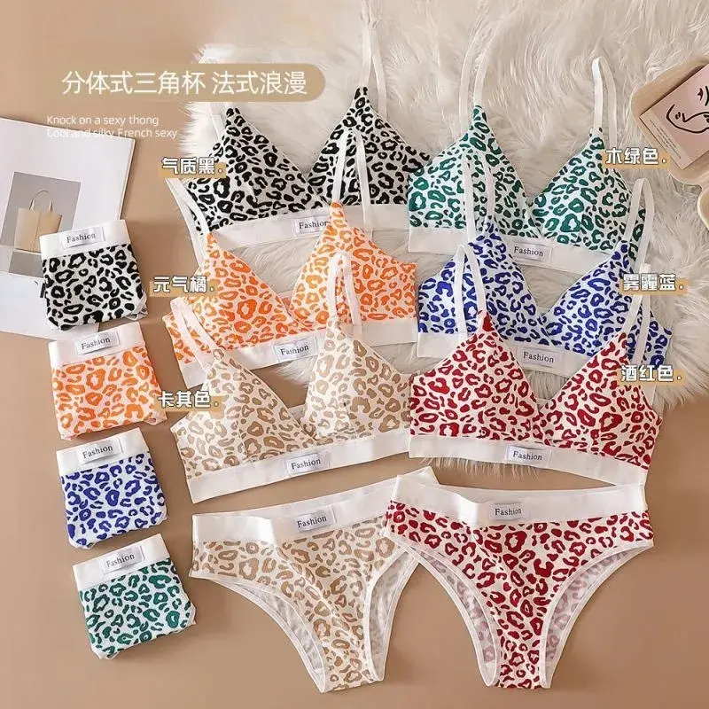 Women Seamless Bra Set Low Waist Panties Leopard Bralette Sexy Lingerie Set Vneck Sport Brassiere Female Cotton Underwear Set