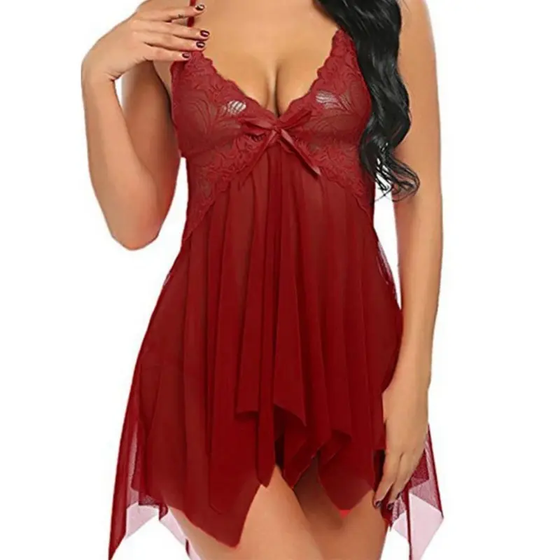 Sexy Women Red Purple Bride Bridesmaid Wedding See Through Erotic Nightgown Lace Trim Sleepwear Casual Home Clothes Nightwear