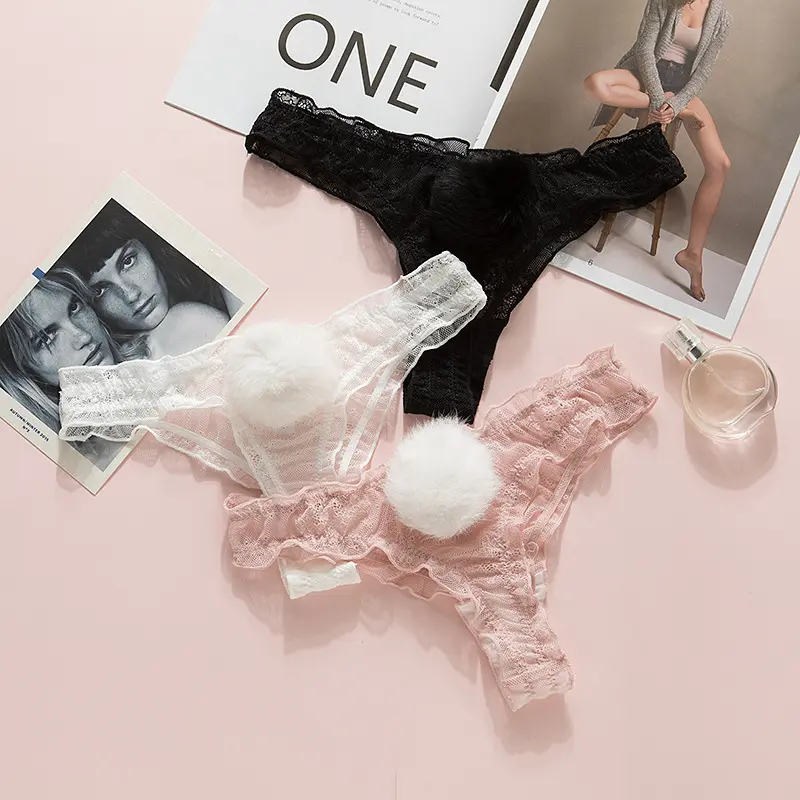 Women Lace Mesh Cotton Thongs Panties Sexy Rabbit Tail Waist Female Underpants Pantys Lingerie Vintage Lingerie for Women