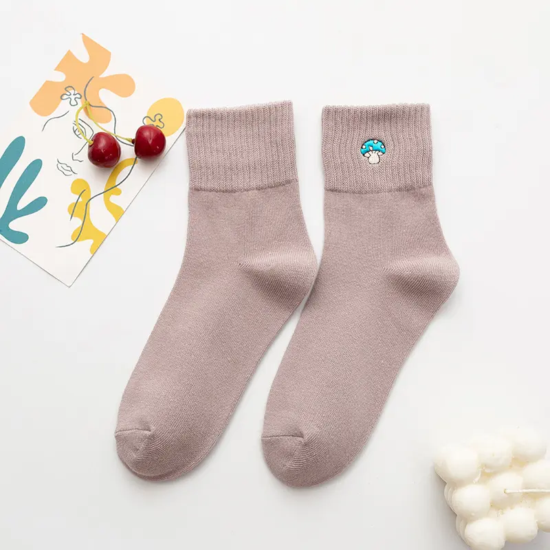 Women's Harajuku Solid Color Socks Lovely Girl Vegetable Embroidery Mushroom Cotton Socks Kawaii Funny Casual Socks
