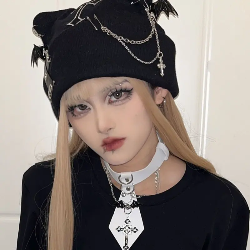 Gothic Grunge Cat Ear Bat Wing Black Beanie Hat Harajuku Punk Cross Chain Knitted Hat Women Winter Warm Chic Streetwear