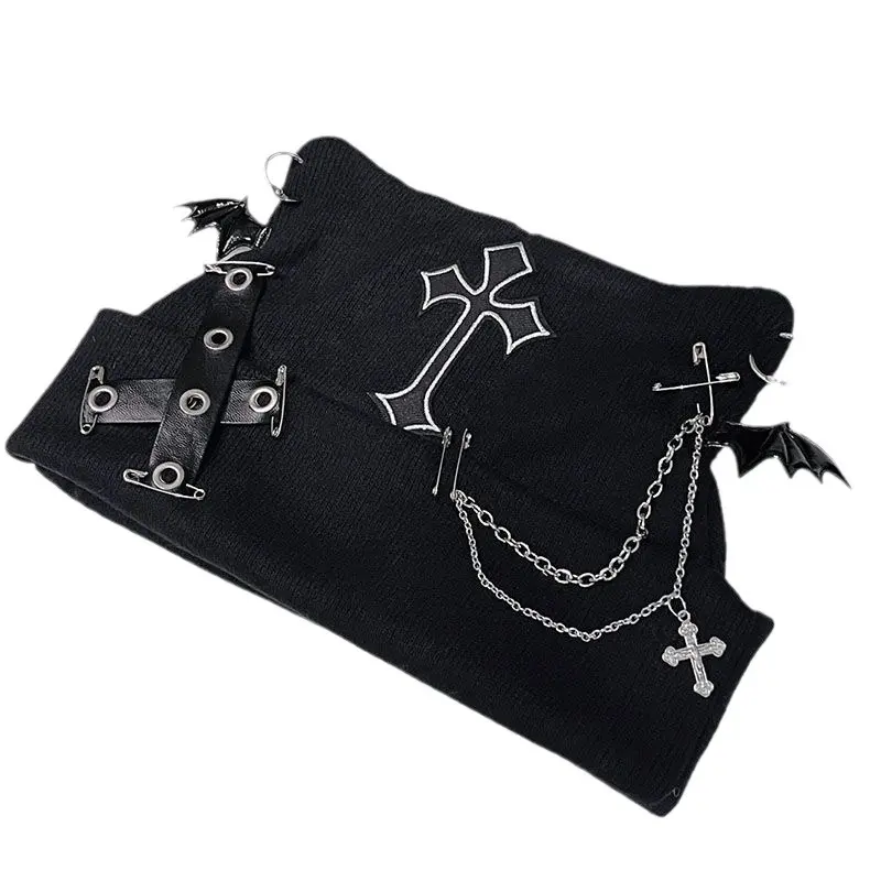 Gothic Grunge Cat Ear Bat Wing Black Beanie Hat Harajuku Punk Cross Chain Knitted Hat Women Winter Warm Chic Streetwear