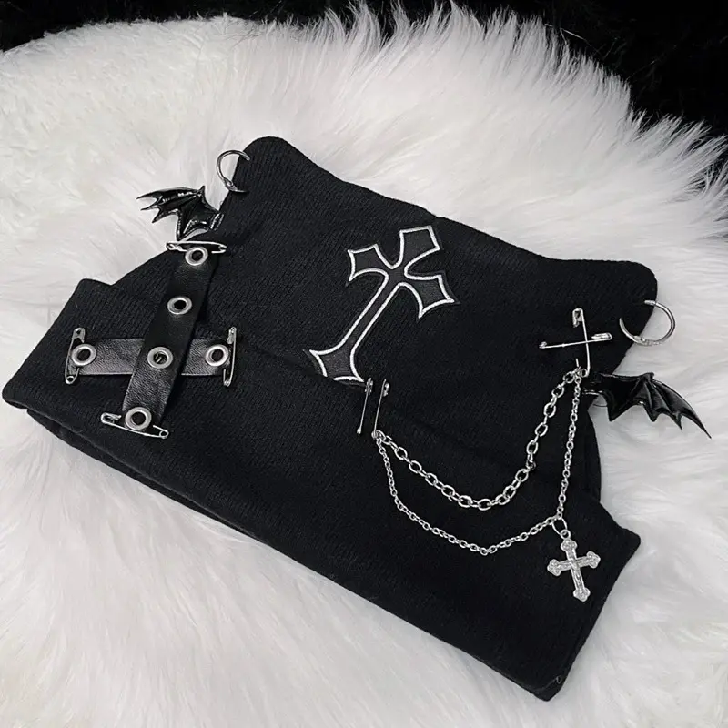 Gothic Grunge Cat Ear Bat Wing Black Beanie Hat Harajuku Punk Cross Chain Knitted Hat Women Winter Warm Chic Streetwear