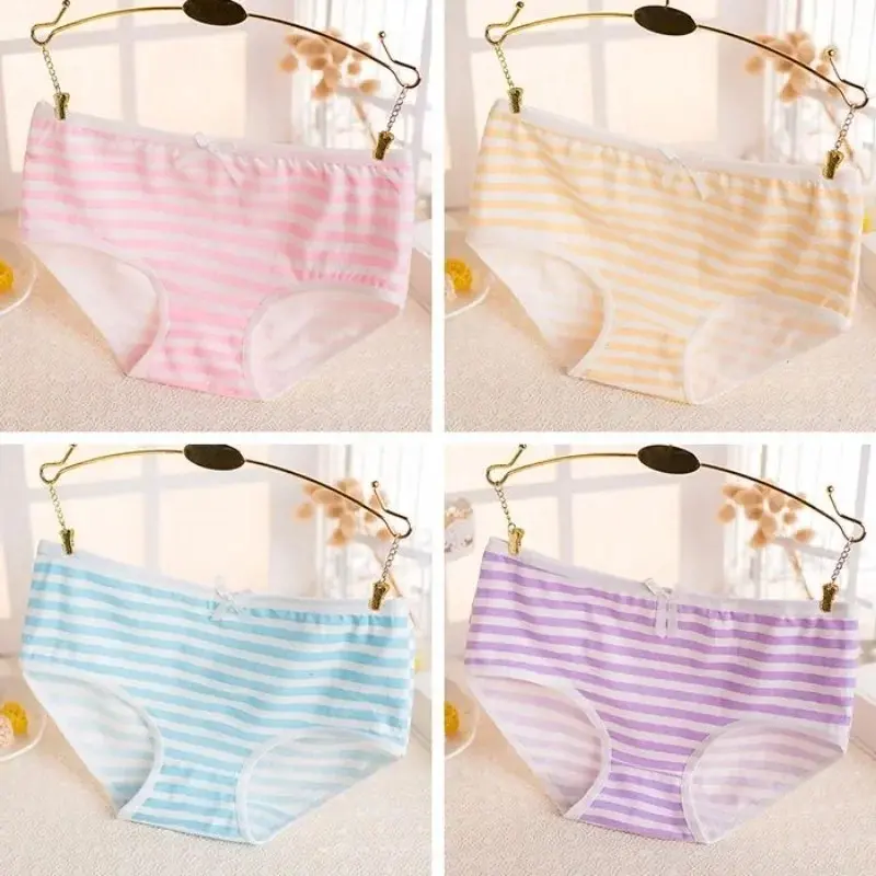 Kawaii Lolita Girls Japanese Anime Style Cosplay Women Panties Briefs With Bow Underwears Underpants Blue Pink White Stripe Gift