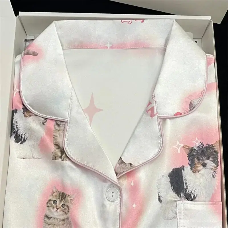 Kawaii Youth Girl's Satin Homewear Short Long Fashion Pyjama Cute Cat Print Summer New Thin Pajamas for Women Silk Home Set
