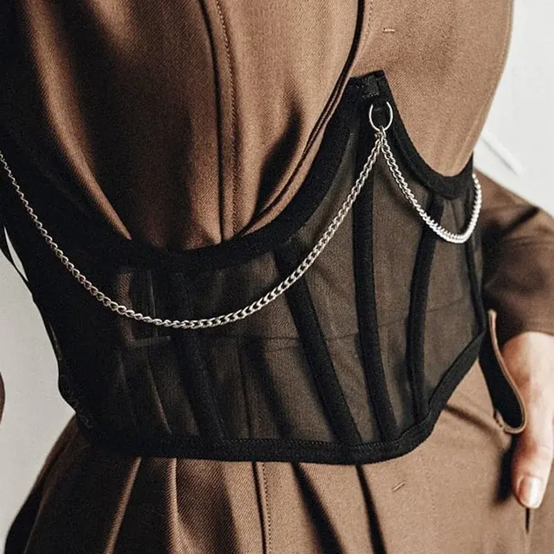 Punk Metal Chain Black Corset Mall Goth High Waist Corsets Harajuku Vintage Mesh See Through Waist Shaper Corsets 2025