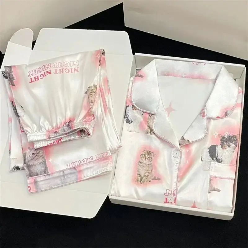 Kawaii Youth Girl's Satin Homewear Short Long Fashion Pyjama Cute Cat Print Summer New Thin Pajamas for Women Silk Home Set