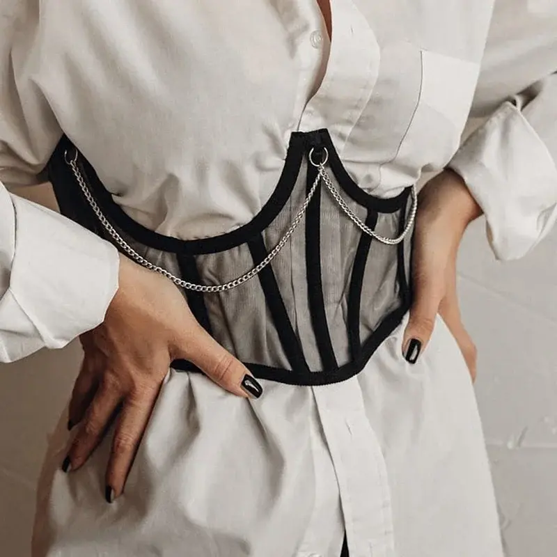 Punk Metal Chain Black Corset Mall Goth High Waist Corsets Harajuku Vintage Mesh See Through Waist Shaper Corsets 2025