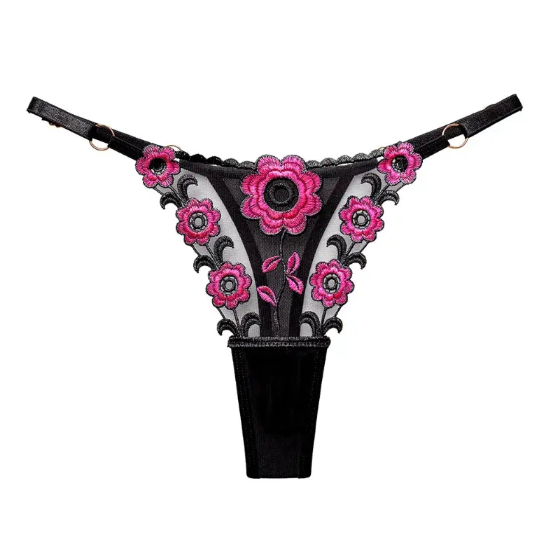Women Panties Charming Black Perspective Tulle Sexy Thong Femininity Embroidery Breathable Adjustable Belt Ladies Underwear