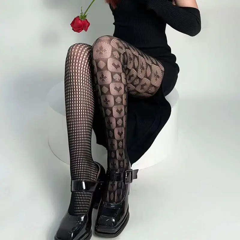 Stripe Asymmetric Tights Women's Pantyhose High Elasticity Lace Hollow Fishnet Sexy Stockings Classic Ladies Gothic Pantyhose