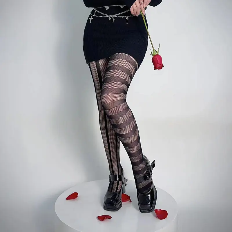 Stripe Asymmetric Tights Women's Pantyhose High Elasticity Lace Hollow Fishnet Sexy Stockings Classic Ladies Gothic Pantyhose