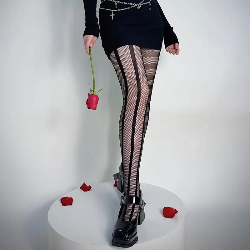 Stripe Asymmetric Tights Women's Pantyhose High Elasticity Lace Hollow Fishnet Sexy Stockings Classic Ladies Gothic Pantyhose