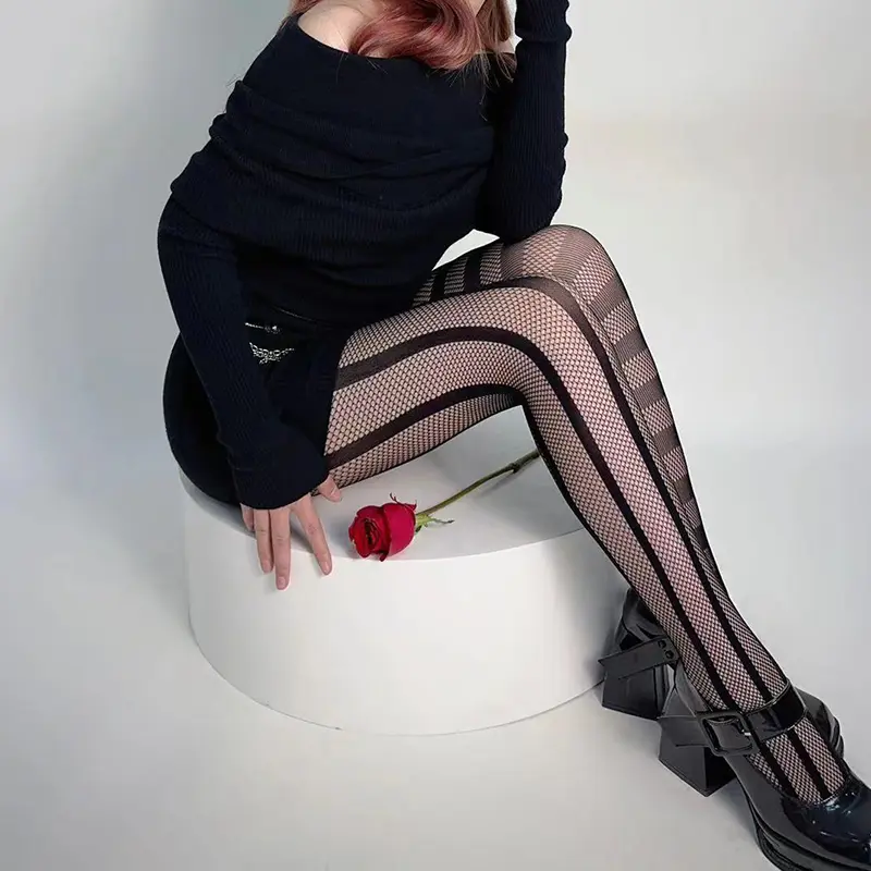 Stripe Asymmetric Tights Women's Pantyhose High Elasticity Lace Hollow Fishnet Sexy Stockings Classic Ladies Gothic Pantyhose