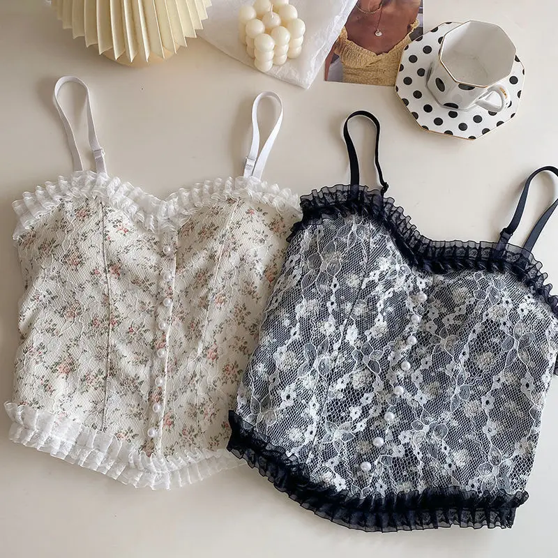 Lace Flower Print Cami Crop Tank Tops Summer Camisole Women's Tube Top Elegant Slim Short Tanks Vest Sexy Y2k Pearl