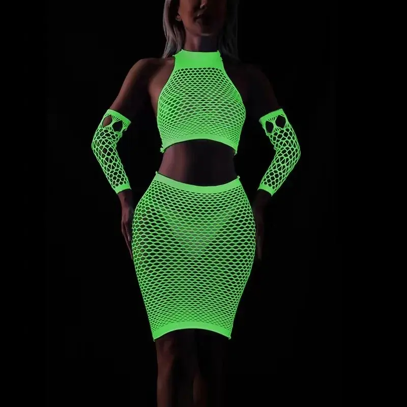 Fishing Net Transparent Women's Sexy Two Piece Set Fluorescent Open Crotch Bodystockings Dacne Party Club Luminous Sex Clothes