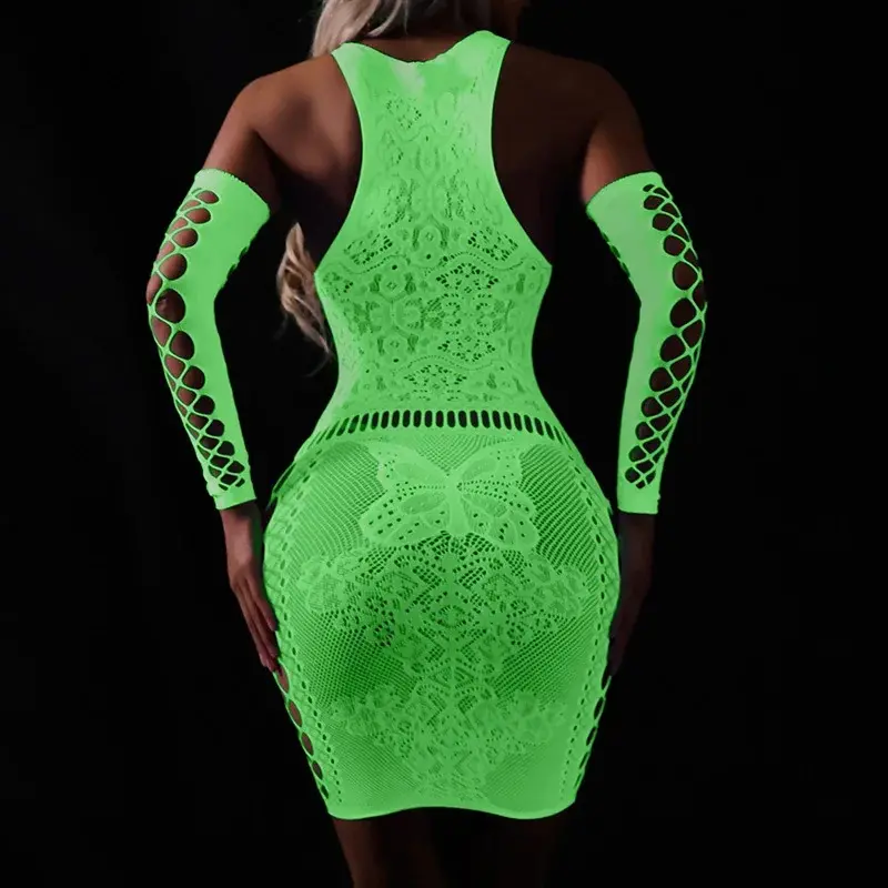Fishing Net Transparent Women's Sexy Two Piece Set Fluorescent Open Crotch Bodystockings Dacne Party Club Luminous Sex Clothes