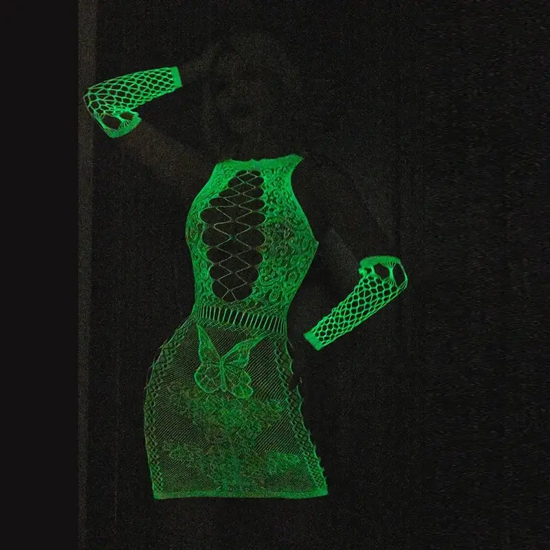 Fishing Net Transparent Women's Sexy Two Piece Set Fluorescent Open Crotch Bodystockings Dacne Party Club Luminous Sex Clothes
