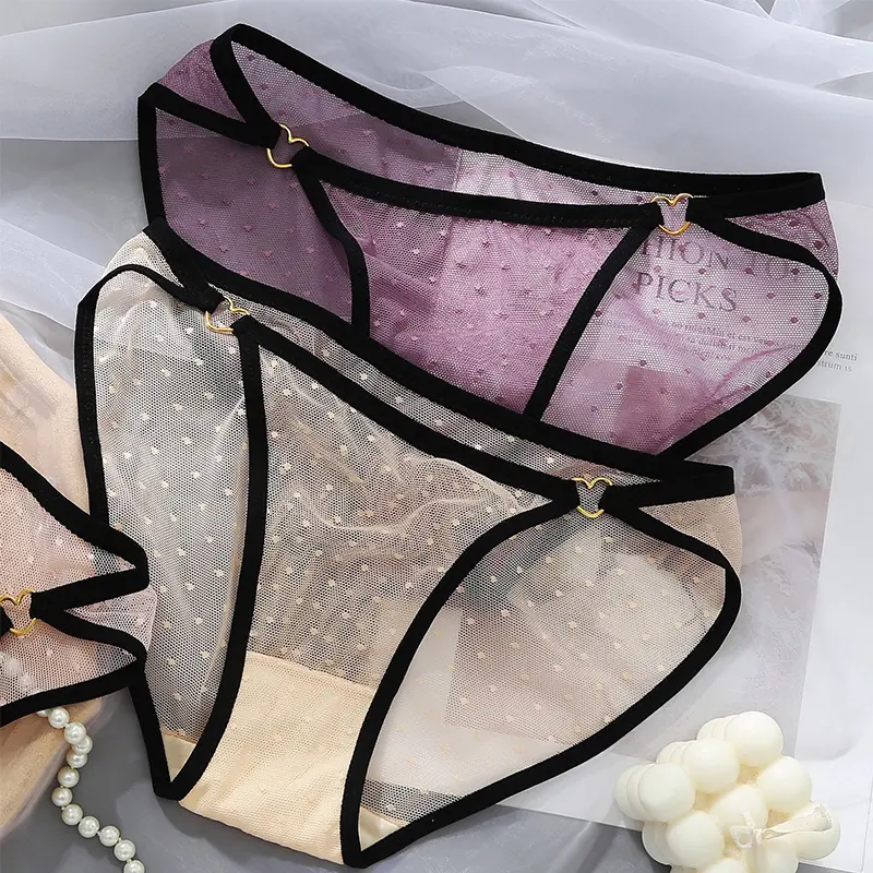 Fashion Dot Print Mesh Panties Sexy Breathable Transparent Cotton Crotch Panties For Women Female Underwear Perspective Briefs