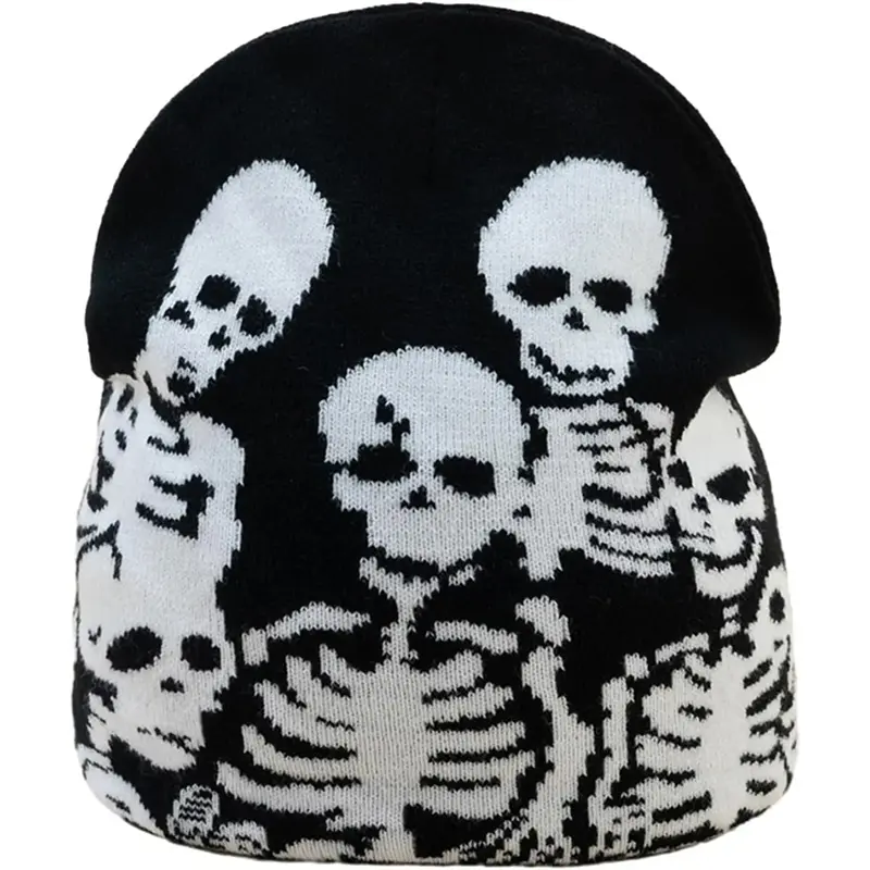 Y2k 2000s Grunge Skeleton Skull Crew Beanie Vintage Skull Knit Hat Black Y2k Knit Skull Black White