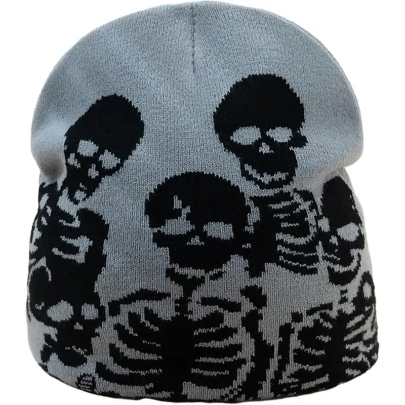 Y2k 2000s Grunge Skeleton Skull Crew Beanie Vintage Skull Knit Hat Black Y2k Knit Skull Black White