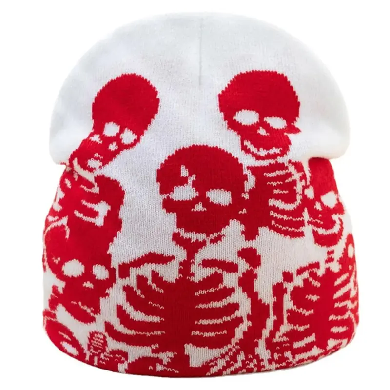 Y2k 2000s Grunge Skeleton Skull Crew Beanie Vintage Skull Knit Hat Black Y2k Knit Skull Black White